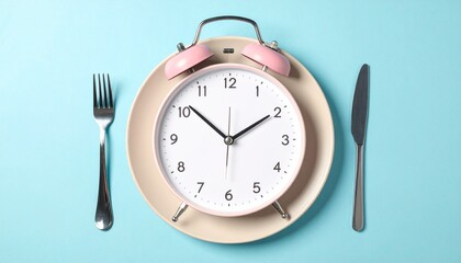 Time to Eat Clock on Plate with Utensils, Conceptual of Scheduled Meals and Meal Timing