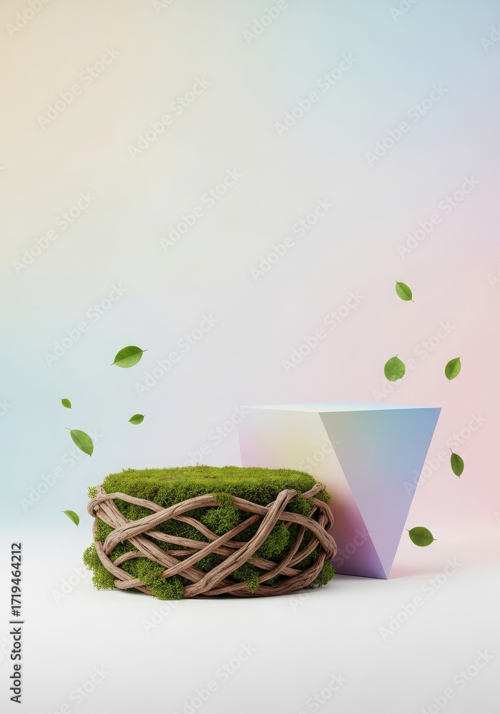 Poster nature inspired geometric display with moss and floating leaves