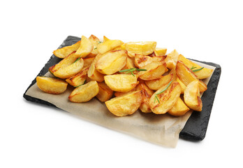 Tasty baked potatoes with rosemary isolated on white