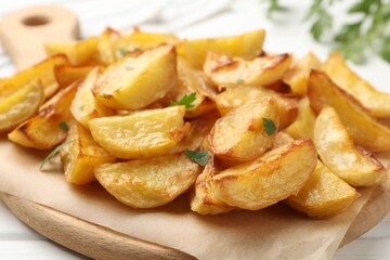 Tasty baked potatoes with parsley on white wooden table, closeup