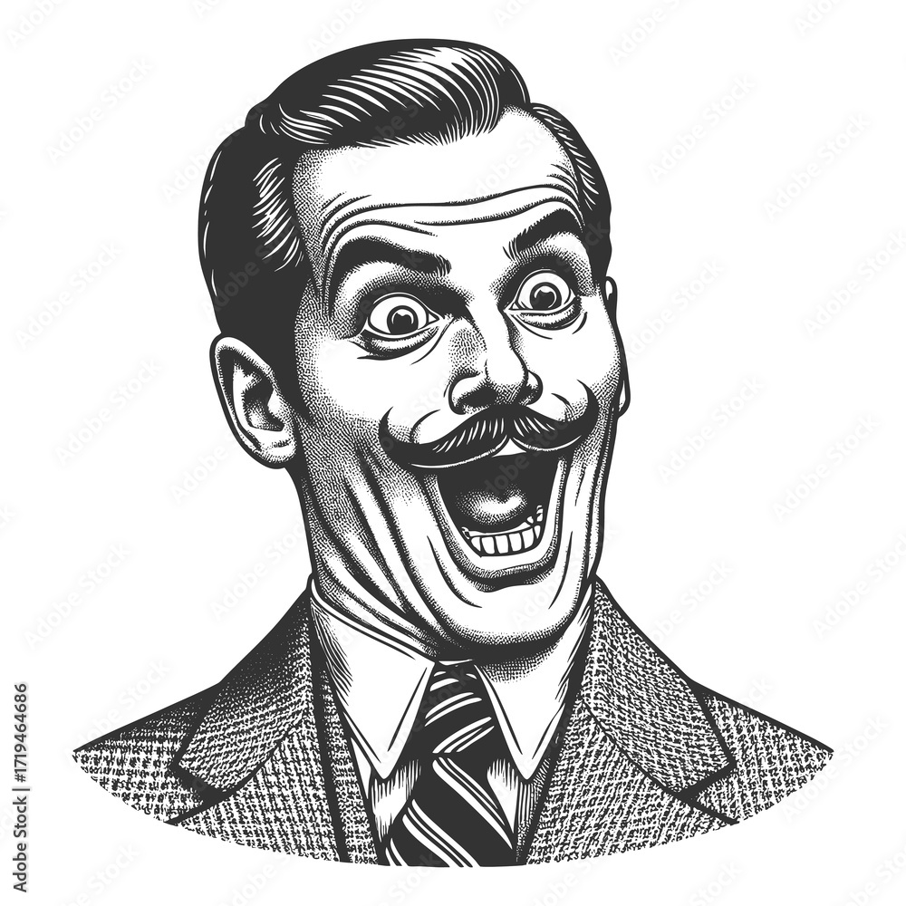 Poster man in suit and tie with mustache, showing exaggerated wide-eyed excitement and open mouth sketch en