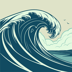 Stylized illustration of a powerful cresting ocean wave with swirling foam and distant birds in a muted color palette