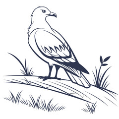 Stylized line art illustration of a majestic eagle perched on a branch with grass and foliage