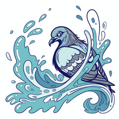 Stylized pigeon bird with dynamic blue water splashes and droplets in a modern graphic illustration style