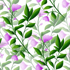 Beautiful pink flowers and green branches with leaves, seamless floral botanical pattern. Digital watercolor hand drawn. For fabric, textiles, wrappers, covers, women, girls, accessories, gifts