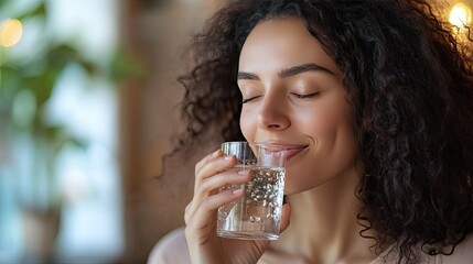 Relaxed and happy woman sipping fresh water, glowing skin, smiling, hydration and self-care concept.