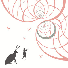Whimsical silhouette of a hare and a person observing a spiral of butterflies and geometric patterns