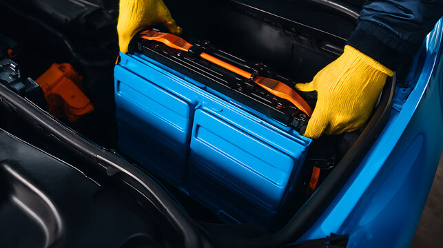 Mechanic installing a blue car battery with yellow gloves in a vehicle engine compartment