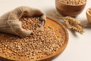 Wheat grains, spikes and burlap sack on white table, closeup