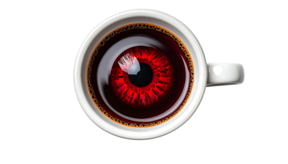 Overhead view of a white mug filled with dark liquid, an unsettling red eye visible within