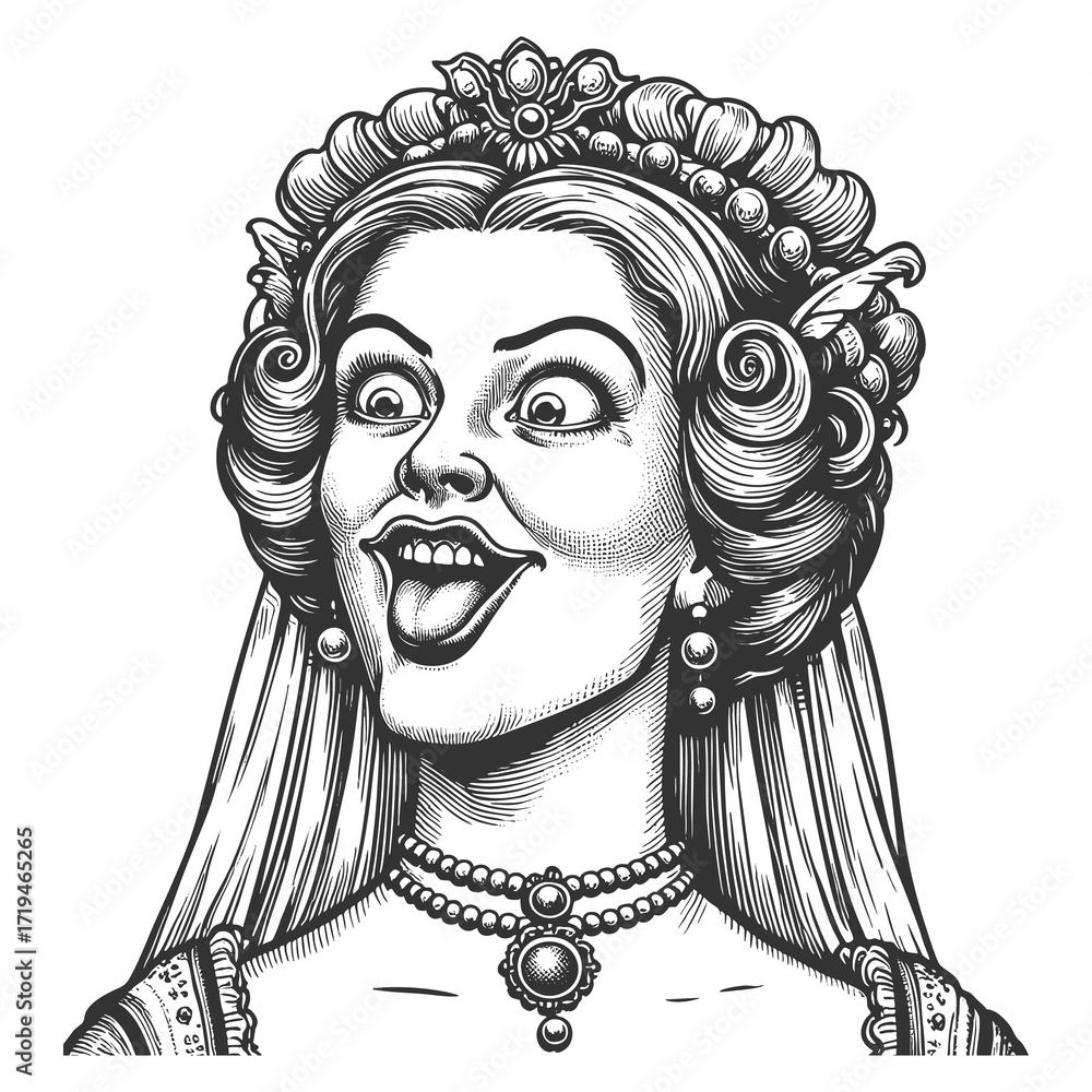 Poster medieval queen with crown,, and elaborate dress, sticking out tongue in playful expression sketch en