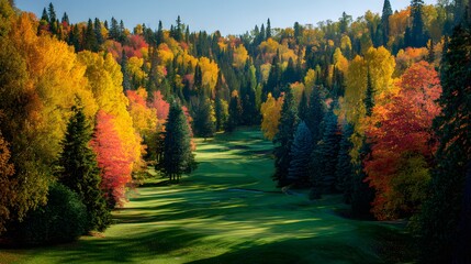 Obraz premium Golf background vibrant autumn course colorful trees scenic