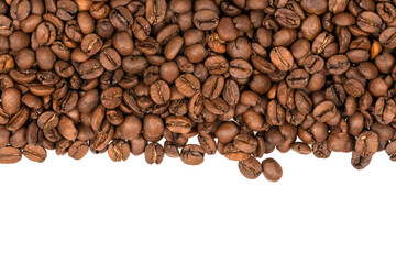 Freshly roasted coffee beans isolated on white background. coffee texture close-up, top view.