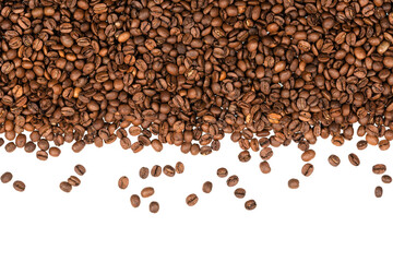 Freshly roasted coffee beans isolated on white background. coffee texture close-up, top view.