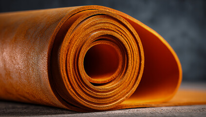 Close up of a rolled up orange fruit leather snack on a textured surface