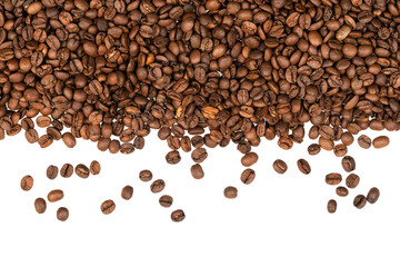 Freshly roasted coffee beans isolated on white background. coffee texture close-up, top view.