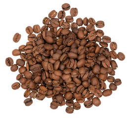 Freshly roasted coffee beans isolated on white background. coffee texture close-up, top view.