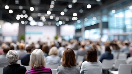 Blurred Conference Hall with Attentive Audience and Bright Stage Lights