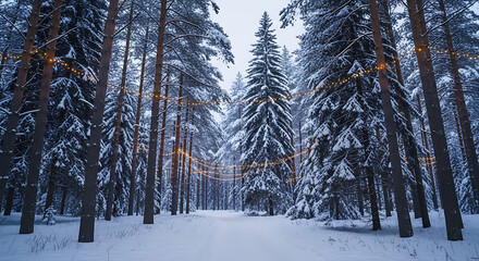 Magical winter forest path illuminated by warm string lights on a snowy evening