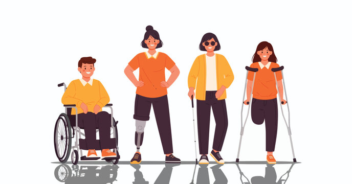 Inclusive Group: A visually rich, flat vector illustration of a diverse group of people, each with a unique physical difference, stands as a symbol of acceptance and diversity.