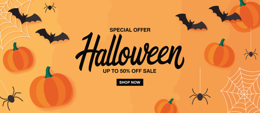Halloween sale banner, pumpkins bats spiders webs bright orange background, special offer up to 50% off, festive vector design - Powered by Adobe