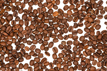 Freshly roasted coffee beans isolated on white background. coffee texture close-up, top view.