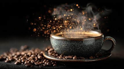 Steaming coffee in a textured cup, with coffee beans and bokeh lights. Use this for coffee ads, cafe promotions, or social media content.