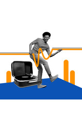 Trend artwork composite sketch collage of caricature young man carefree nightclub listen music headphones dance funky moving vinyl record