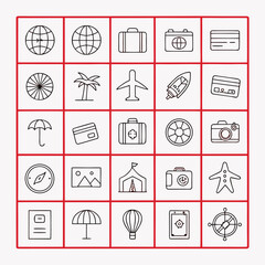 Outlined travel icon set with globes, suitcase, airplane, passport, tent, and camera in red square grid on white background