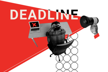 Composite photo collage of upset inexperienced man employee sit office chair expire time deadline bullhorn isolated on painted background