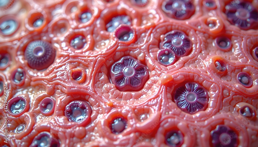 Poster a macro shot of an unknown organism's surface showcasing a captivating pattern of textures and color