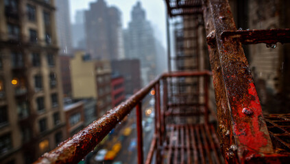 View from a rusty fire escape overlooking a rainy new city street with blurred buildings