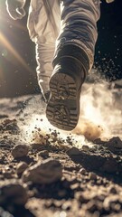 Astronaut walking on dusty moon surface