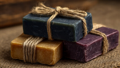 Stacked artisanal handmade soaps tied with rustic twine on a textured burlap background
