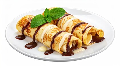 Two rolled crepes, filled with banana slices, drizzled with chocolate and white sauce, on a plate