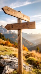 Wooden signpost in autumn mountains