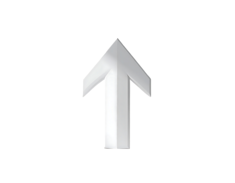 A three-dimensional, white arrow pointing upwards, rendered against a black background; clean, simple design