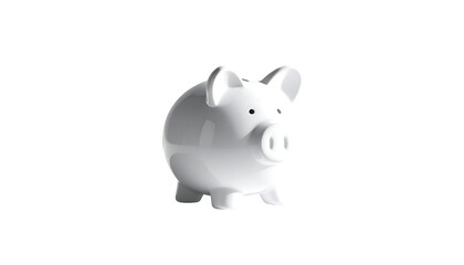 A simple, white ceramic piggy bank, rendered in 3D, viewed from a slightly elevated angle against a black background
