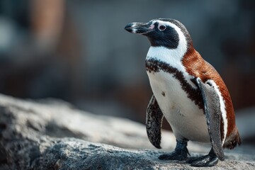 Naklejka premium A Magellanic penguin stands on rocky ground in soft, natural light. Great for wildlife blogs, environmental reports, or educational content.
