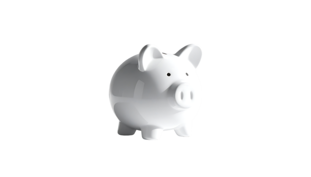 A simple, white ceramic piggy bank, rendered in 3D, viewed from a slightly elevated angle against a black background