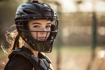 Female teen baseball catcher in protective gear at sunset
