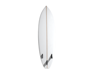 A white surfboard, viewed from the rear, features a subtle central stringer and twin-fin setup.  Its elongated, rounded shape suggests maneuverability