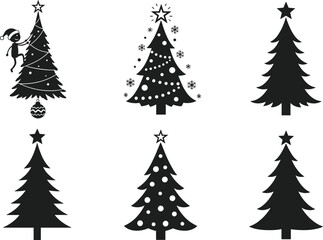 Black and white Christmas tree illustration set with festive decorations, silhouettes, ornaments, stars, and holiday-themed graphic art elements.