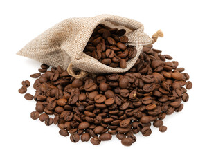 Roasted coffee beans in a jute bag isolated on white background. Coffee beans background texture.