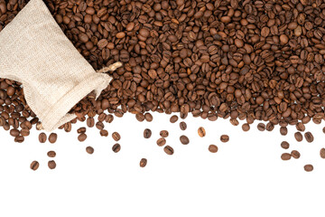 Roasted coffee beans in a jute bag isolated on white background. Coffee beans background texture.