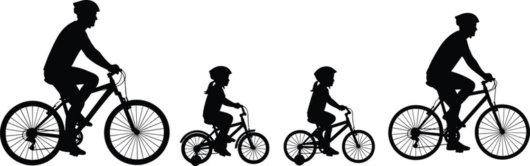 Obraz premium Black silhouette illustration of family cycling with adults and children on bikes, symbolizing growth, learning, and outdoor activity together.