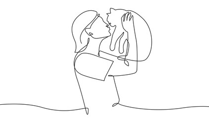 Woman Holds and Kiss a Cat One Line Vector Illustration. Continuous Single Line Drawing of Girl and Cat. Domestic Animal on Hands Hand Drawn Vector Illustration. Pet Contour Silhouette Outline Style