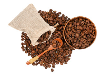 Roasted coffee beans in a jute bag with wooden cup and spoon isolated on white background. Coffee beans background texture.