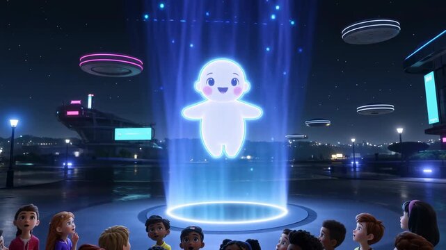 Diverse animated children marvel at a glowing holographic character in a futuristic city at night