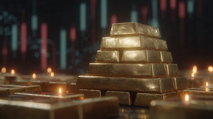 A stack of gold bars is surrounded by smaller gold bars and lit candles. The background features abstract financial charts with colorful indicators.